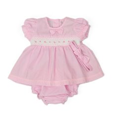 J13841: Baby Girls Pink Smocked Dress, Pant & Headband Set (NB-6 Months)